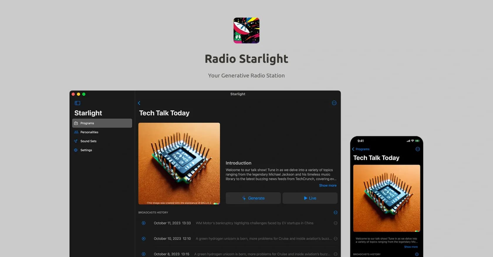 Radio Starlight homepage screenshot — Personalized AI radio: Your DJ and newsreader in one.
