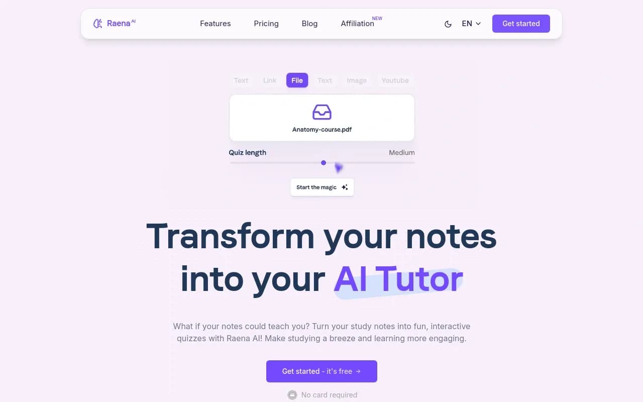 Raena AI homepage screenshot — Turn study notes into interactive AI tutors.
