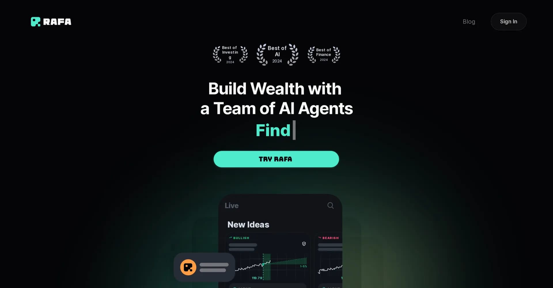 RAFA homepage screenshot — Build wealth with AI-powered investment analysis