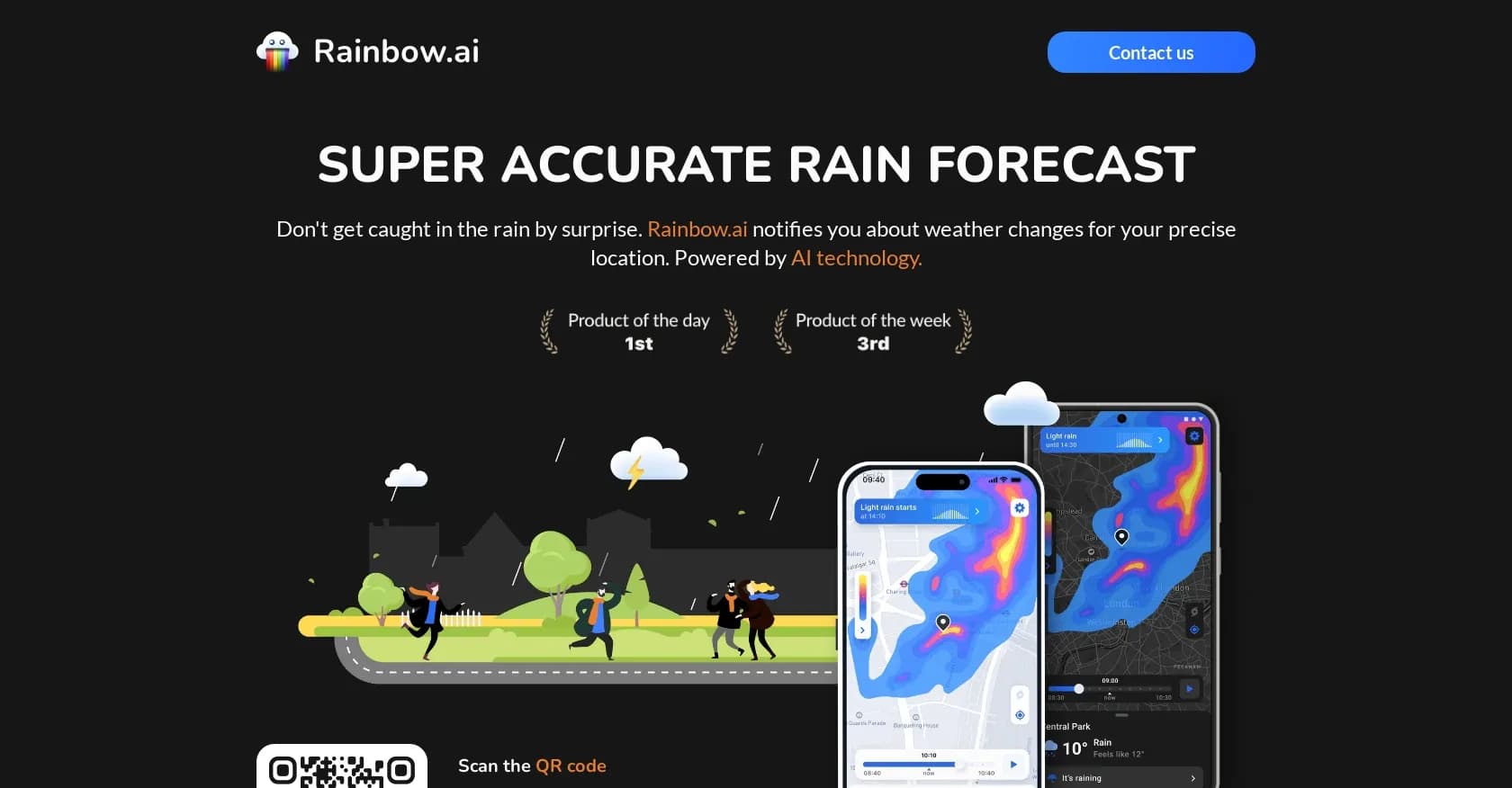 Rainbow homepage screenshot — Hyperlocal AI weather forecasting to keep you dry.