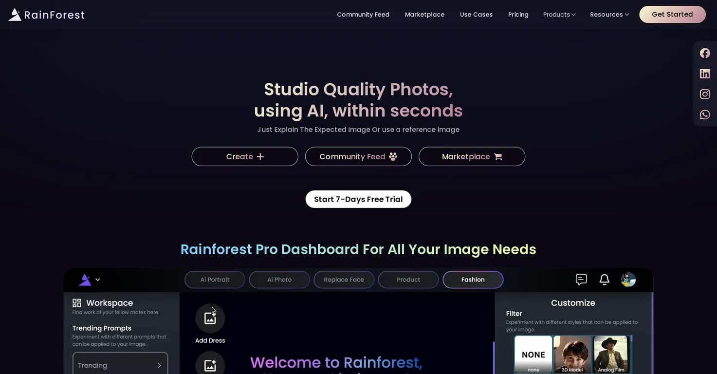 Rainforest.zone homepage screenshot — Create stunning AI-generated portraits and product photos in