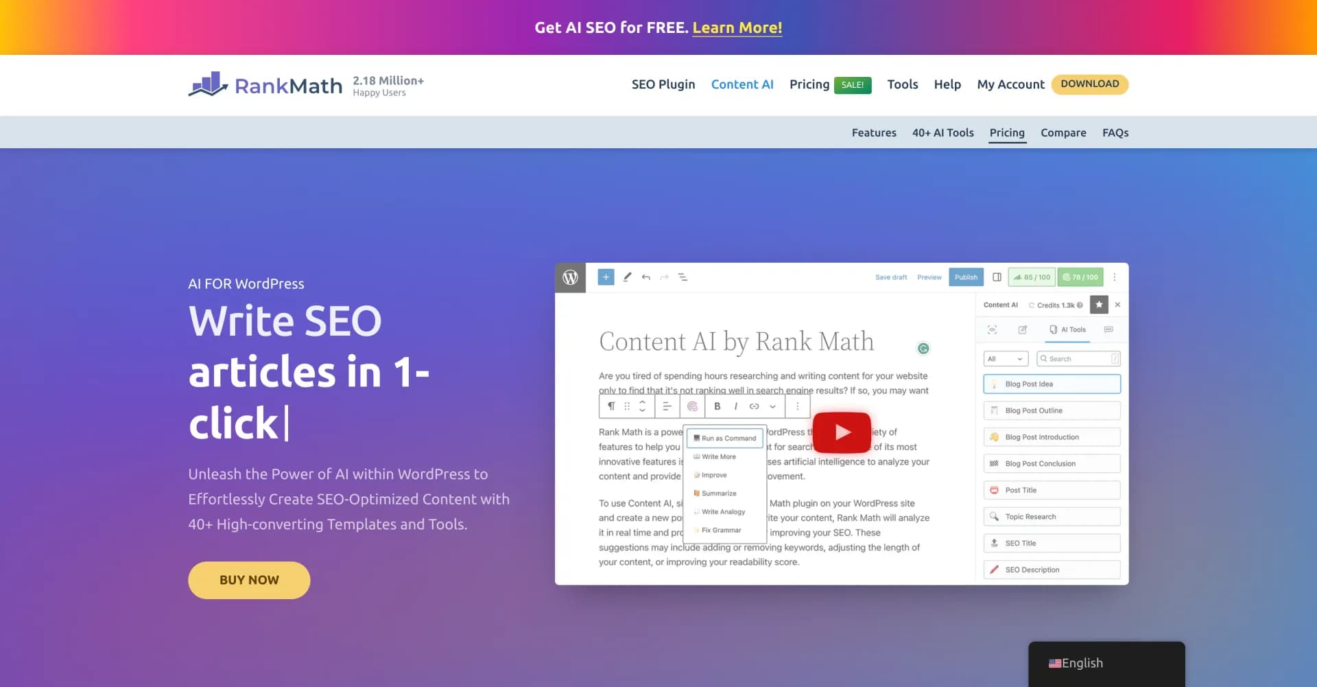 RankMath homepage screenshot — AI SEO tools to supercharge your content game.