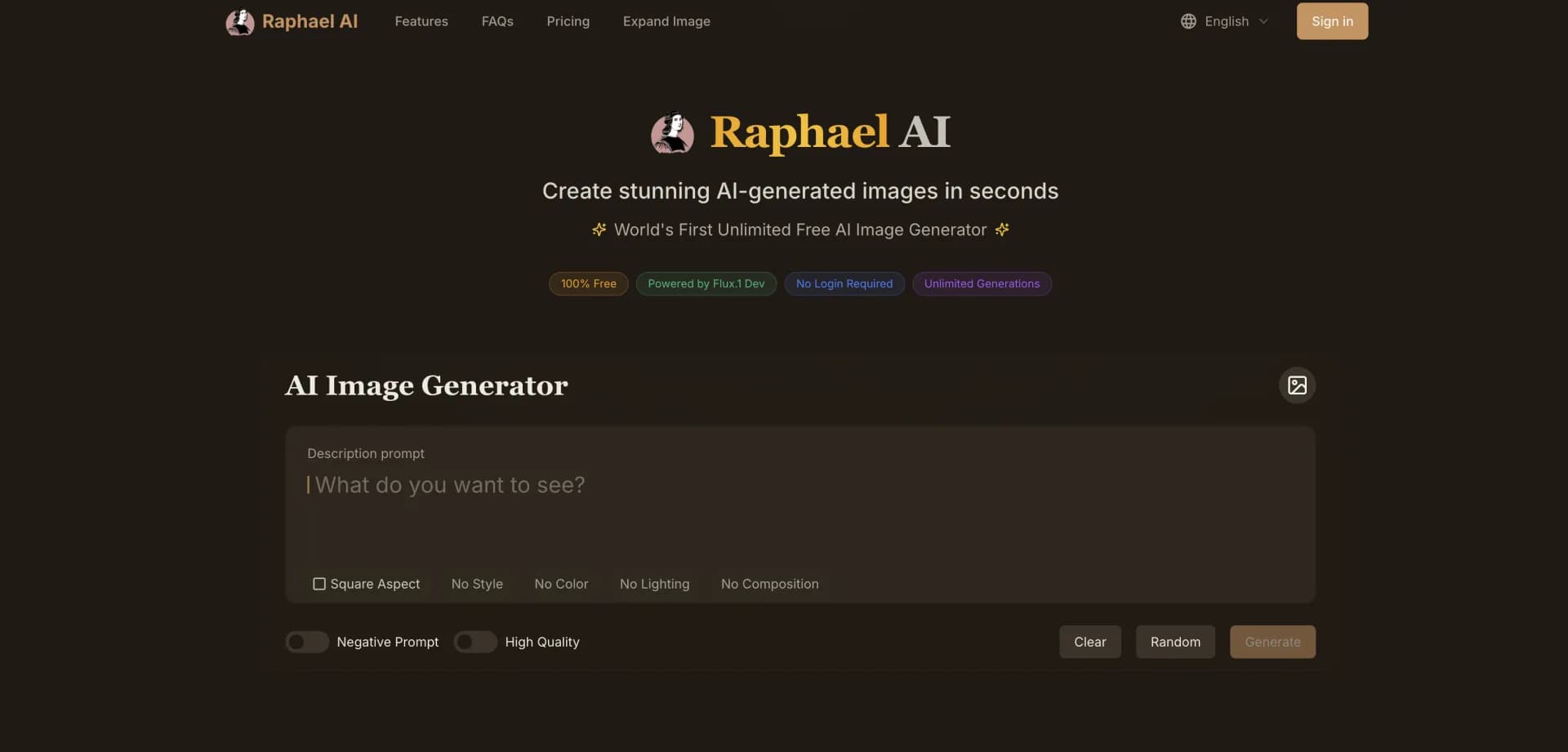 Raphael AI homepage screenshot — Create stunning AI images instantly, for free.