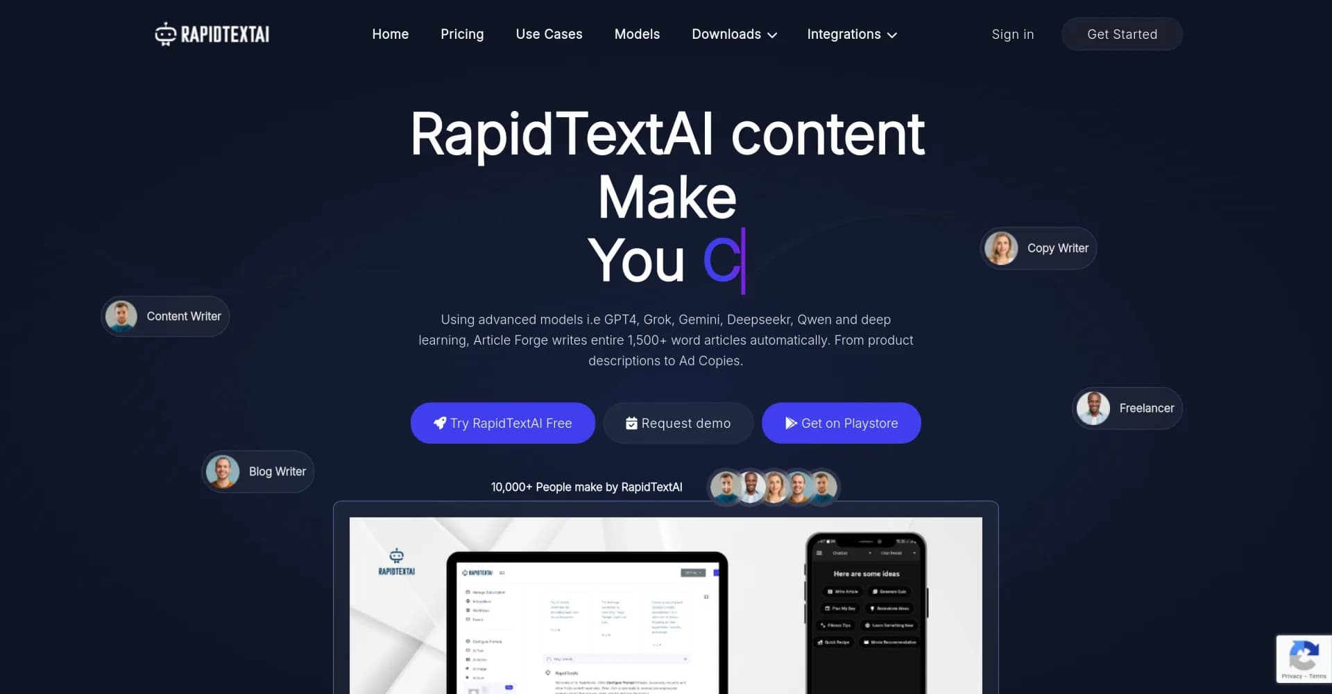 RapidTextAI homepage screenshot — Elevate content with AI copywriting and image generation