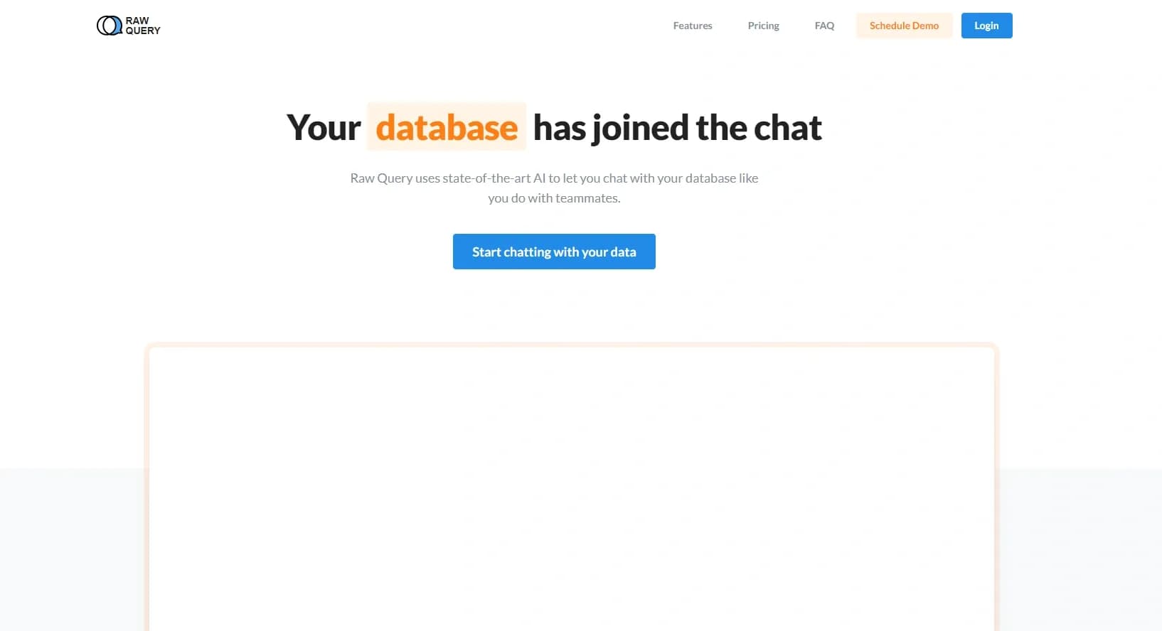 Raw Query homepage screenshot — Query databases using natural conversation.