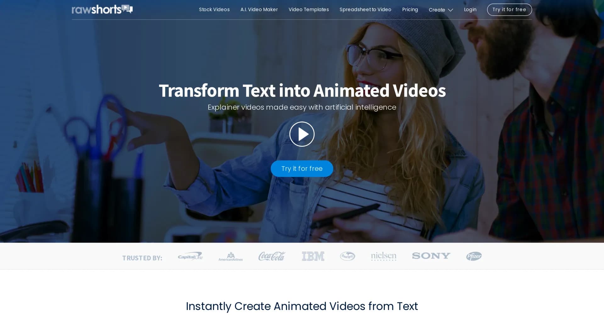 Raw Shorts homepage screenshot — Create animations instantly from text using AI.