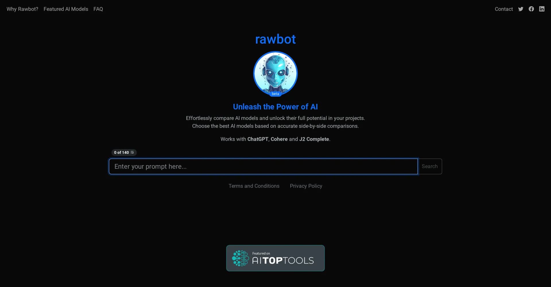 Rawbot homepage screenshot — Compare AI models effortlessly.