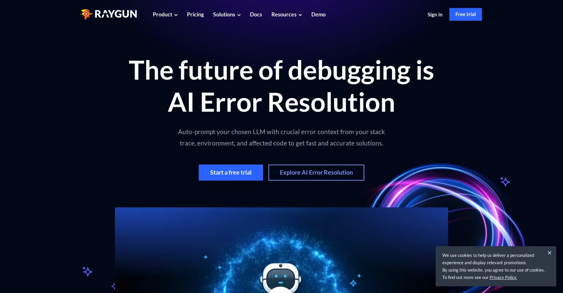Raygun homepage screenshot — Detect, diagnose, and resolve app issues fast
