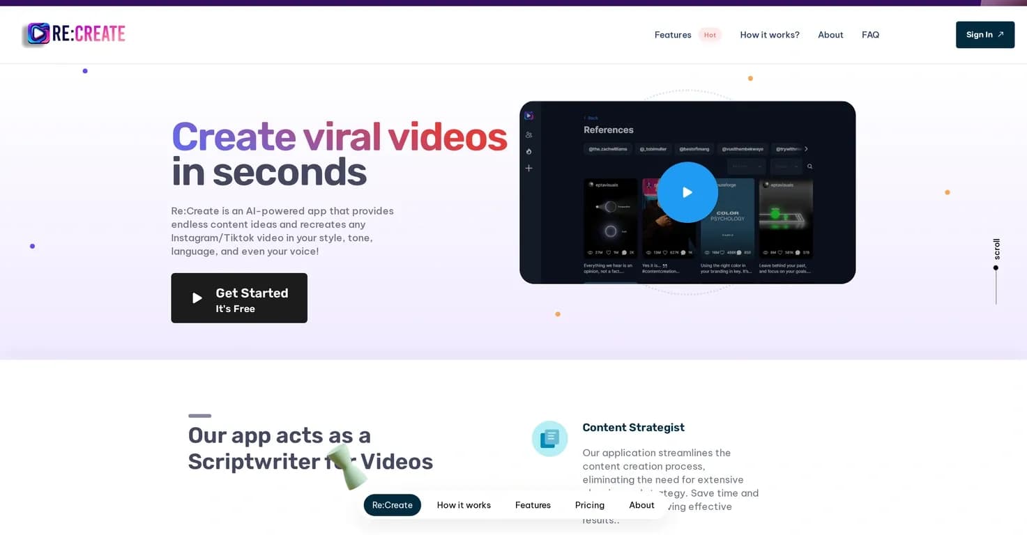 RE:Create Video homepage screenshot — Create viral short-form videos in seconds with AI