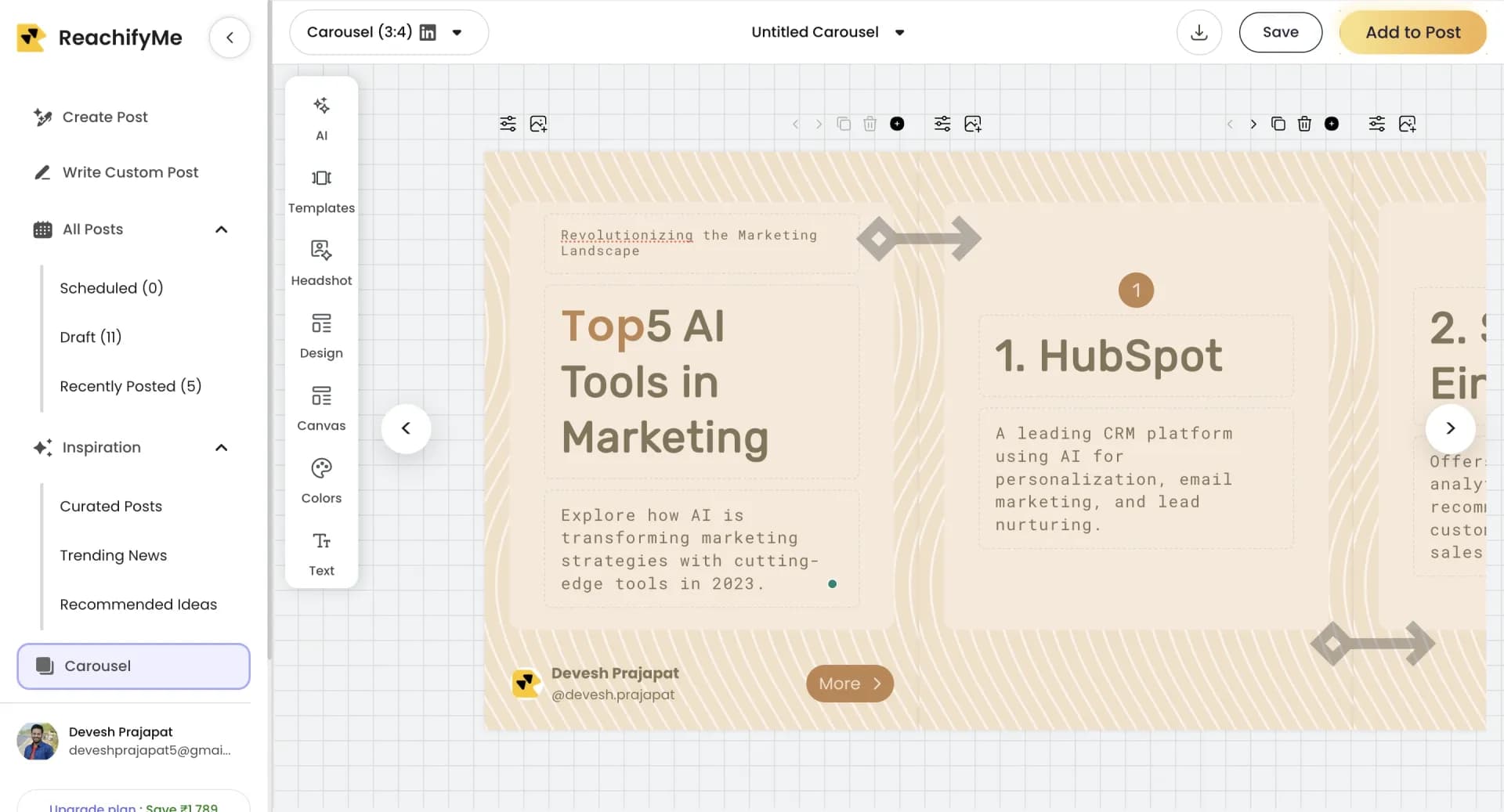 ReachifyMev1.1.0 homepage screenshot — LinkedIn Posts and Carousel Generator