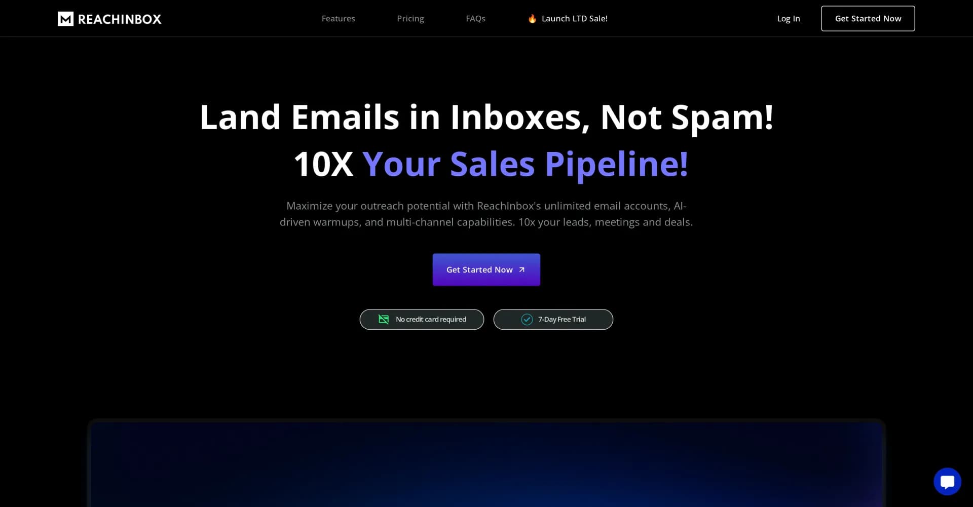 ReachInbox homepage screenshot — AI-powered cold emails that land in inboxes, not spam.