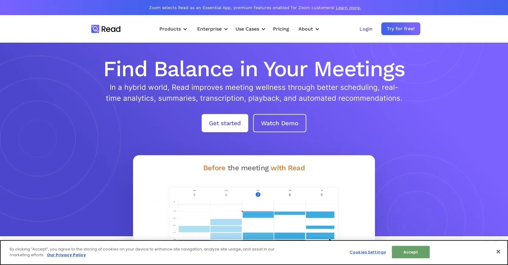 Read Highlights homepage screenshot — Improve meeting wellness through AI-powered analytics and au
