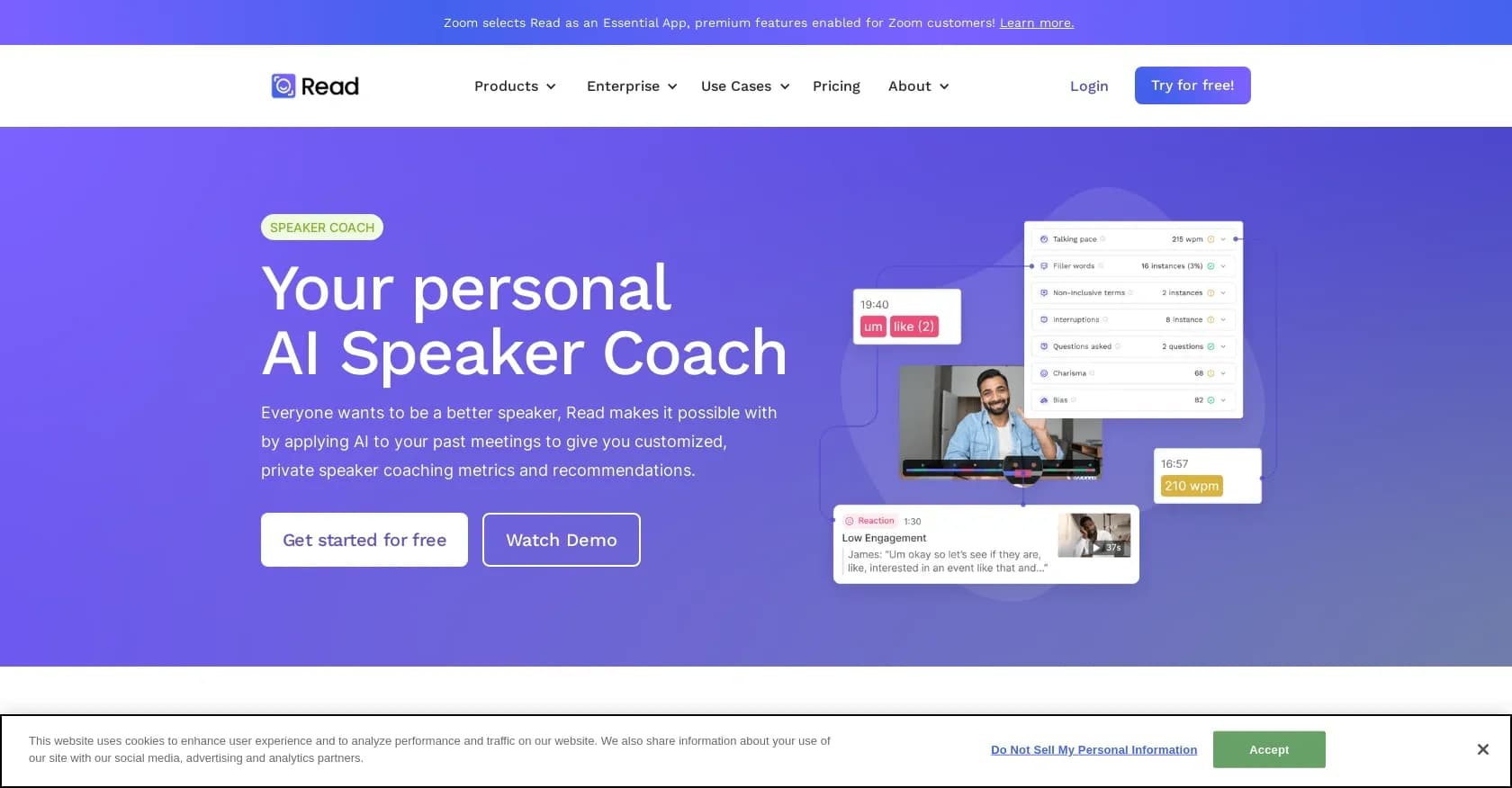 Read Speaker Coach homepage screenshot — AI-powered speaker coaching for better presentations
