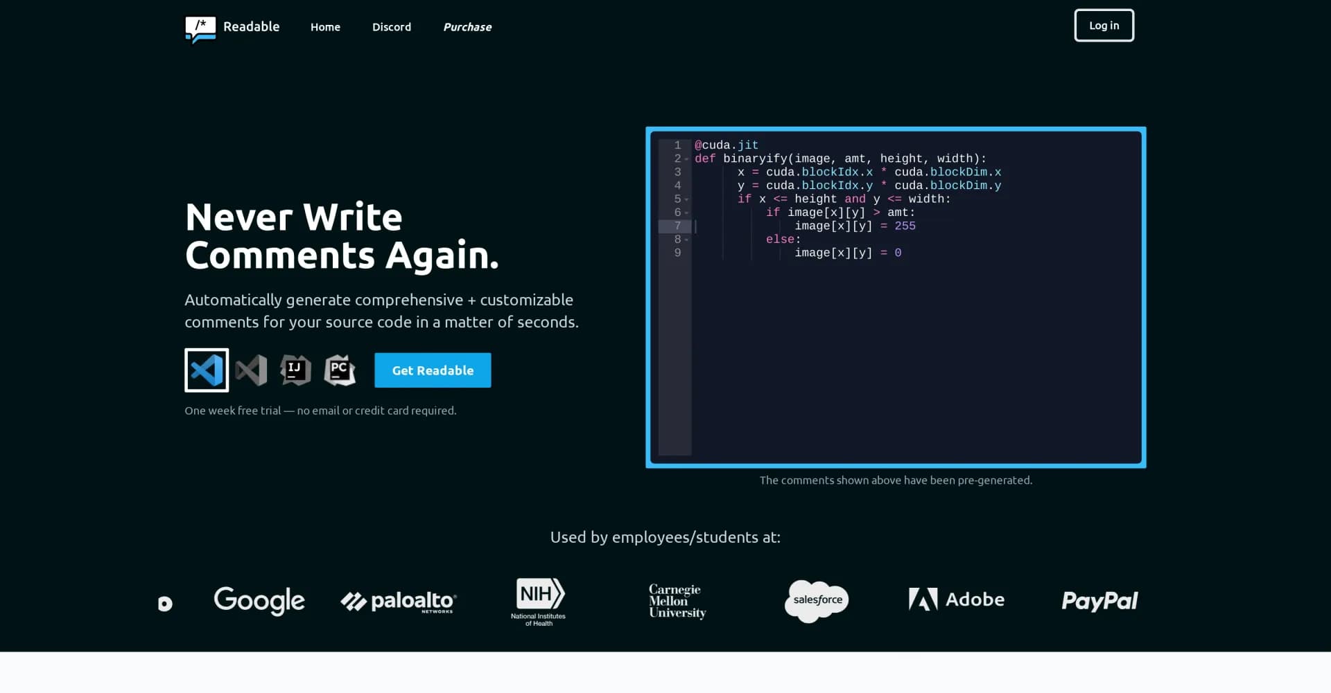 Readable homepage screenshot — AI-powered code comments for effortless documentation.