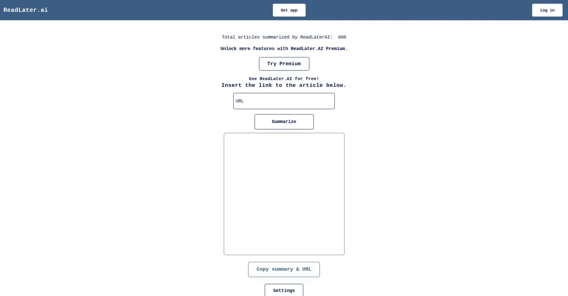 ReadLater homepage screenshot — AI-powered article summarizer and link organizer.