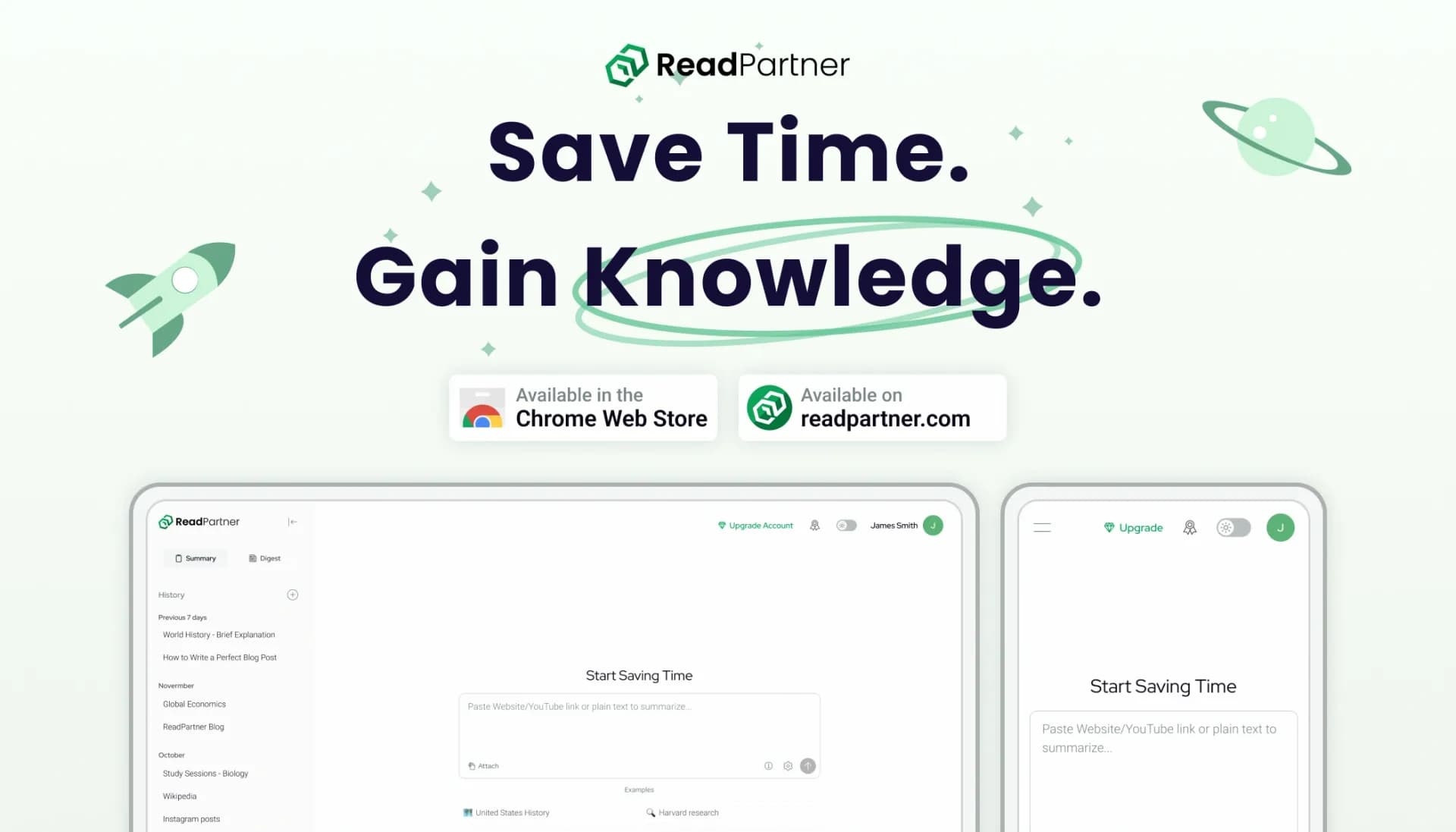 ReadPartnerv1.2 homepage screenshot — AI assistant for website, document, video summarization and 