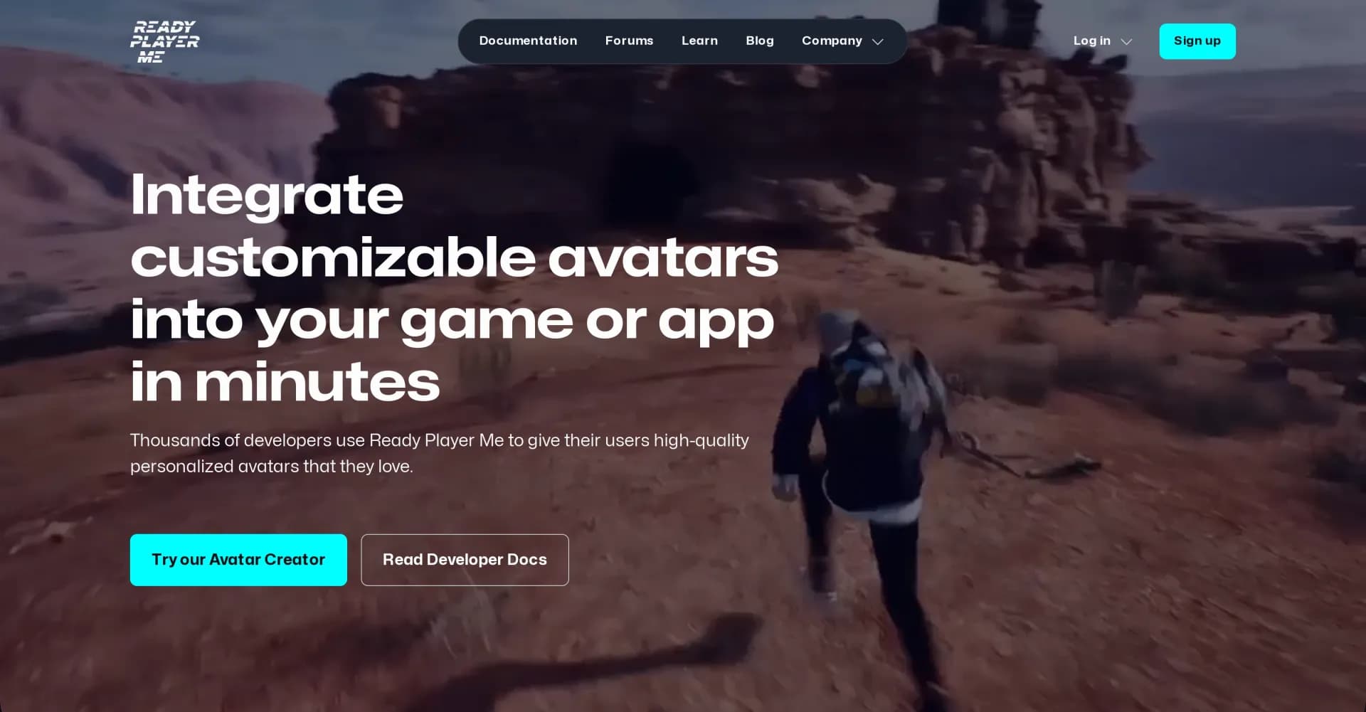 Ready Player Me homepage screenshot — Seamlessly integrate personalized avatars into your game.