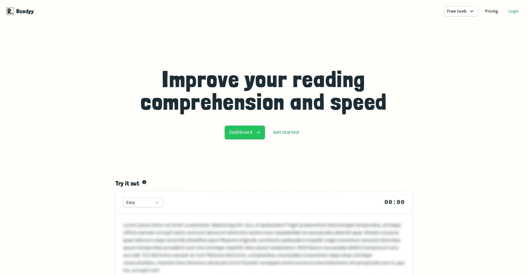Readyy homepage screenshot — Boost reading speed and comprehension with AI.