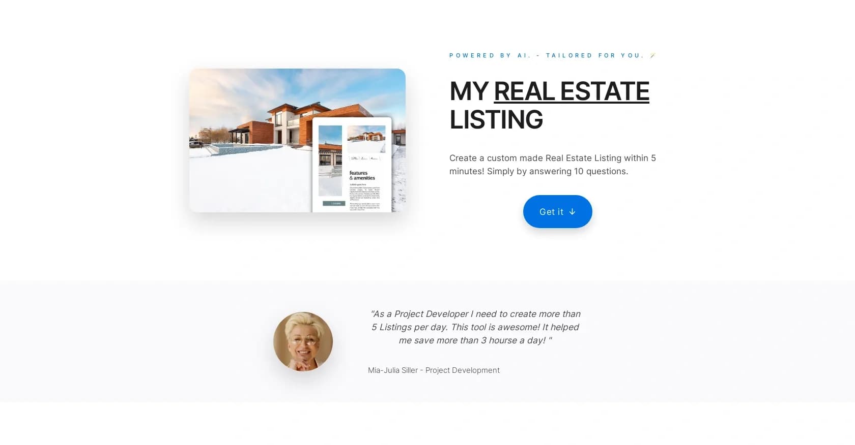 Real Estate Listing homepage screenshot — Create custom real estate brochures in minutes with AI.