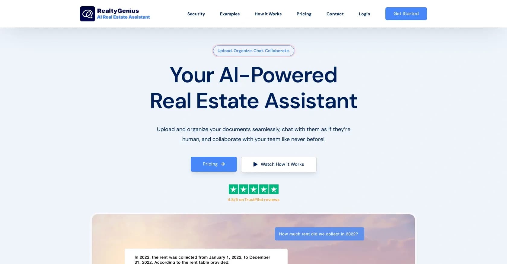 RealtyGenius homepage screenshot — AI real estate assistant: Upload, chat, collaborate.