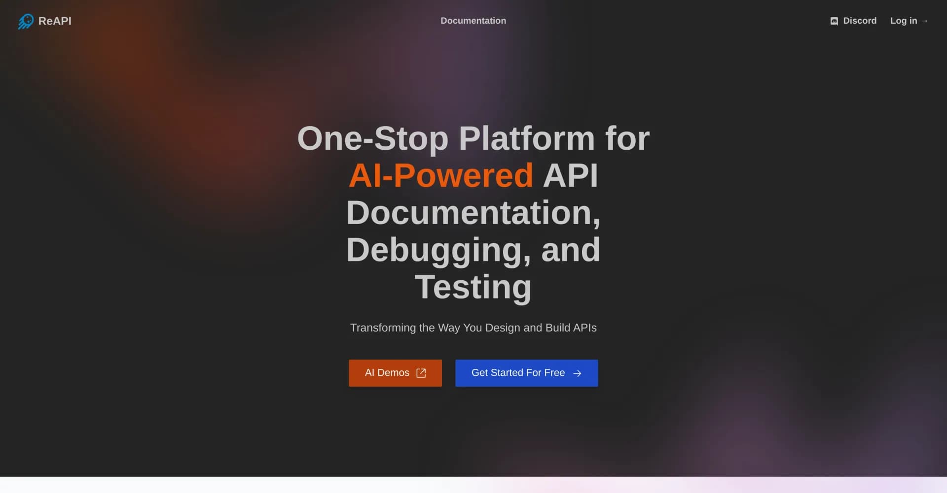 ReAPI homepage screenshot — AI-powered API documentation, debugging, and testing platfor