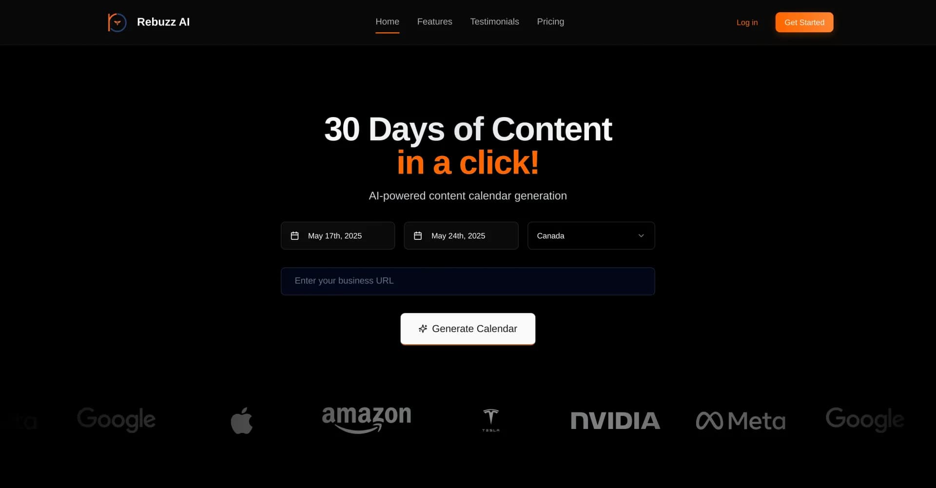 Rebuzz AI homepage screenshot — Plan 30 Days of Content in Seconds with AI-Powered Precision