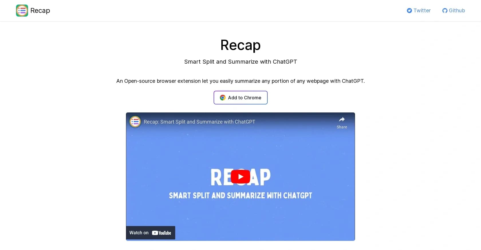Recapext homepage screenshot — Smart split and summarize any webpage with ChatGPT.