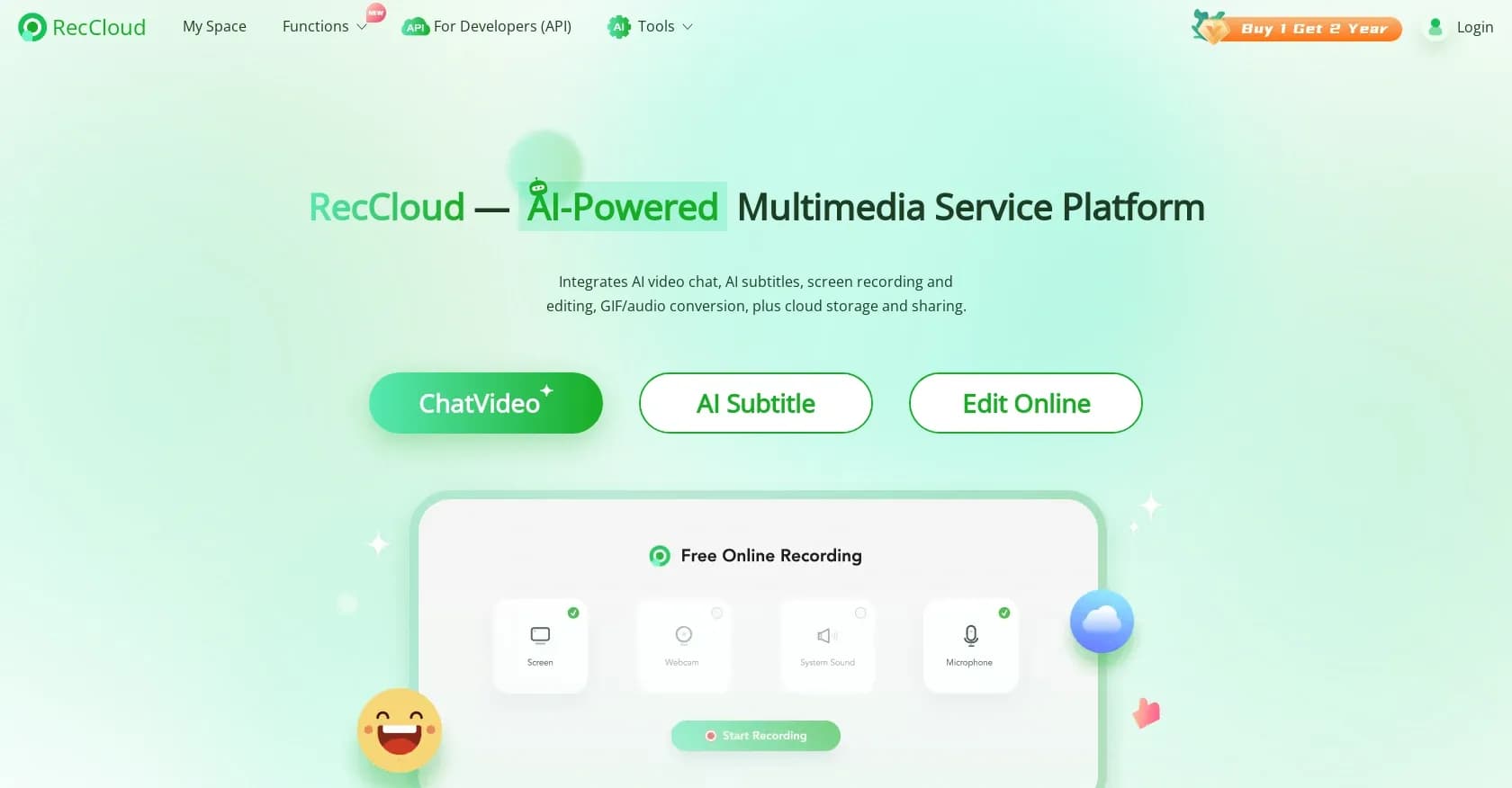 RecCloud homepage screenshot — AI-powered video creation and multimedia solutions