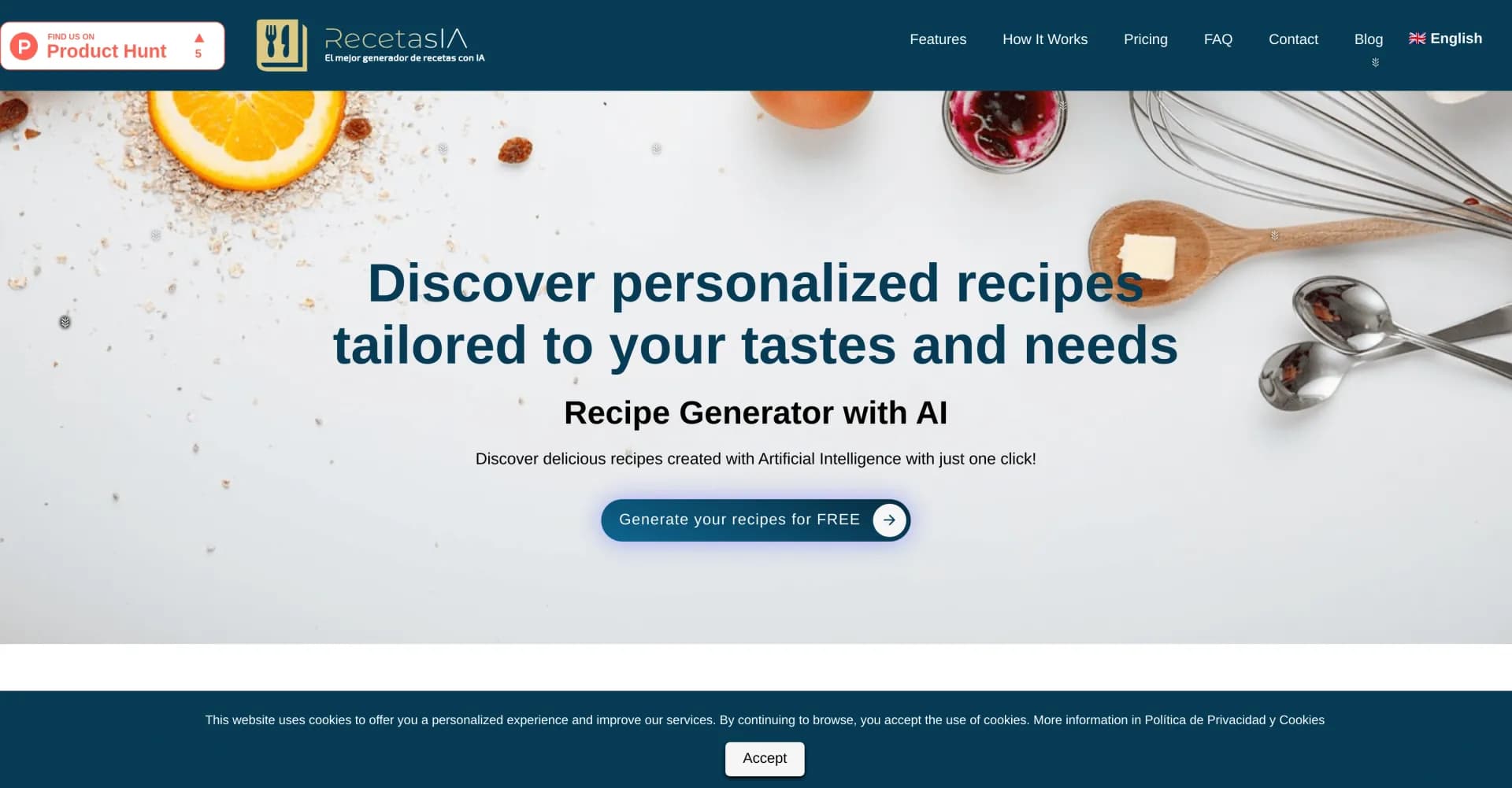 RecetasIA homepage screenshot — AI-powered recipe generator for personalized meals