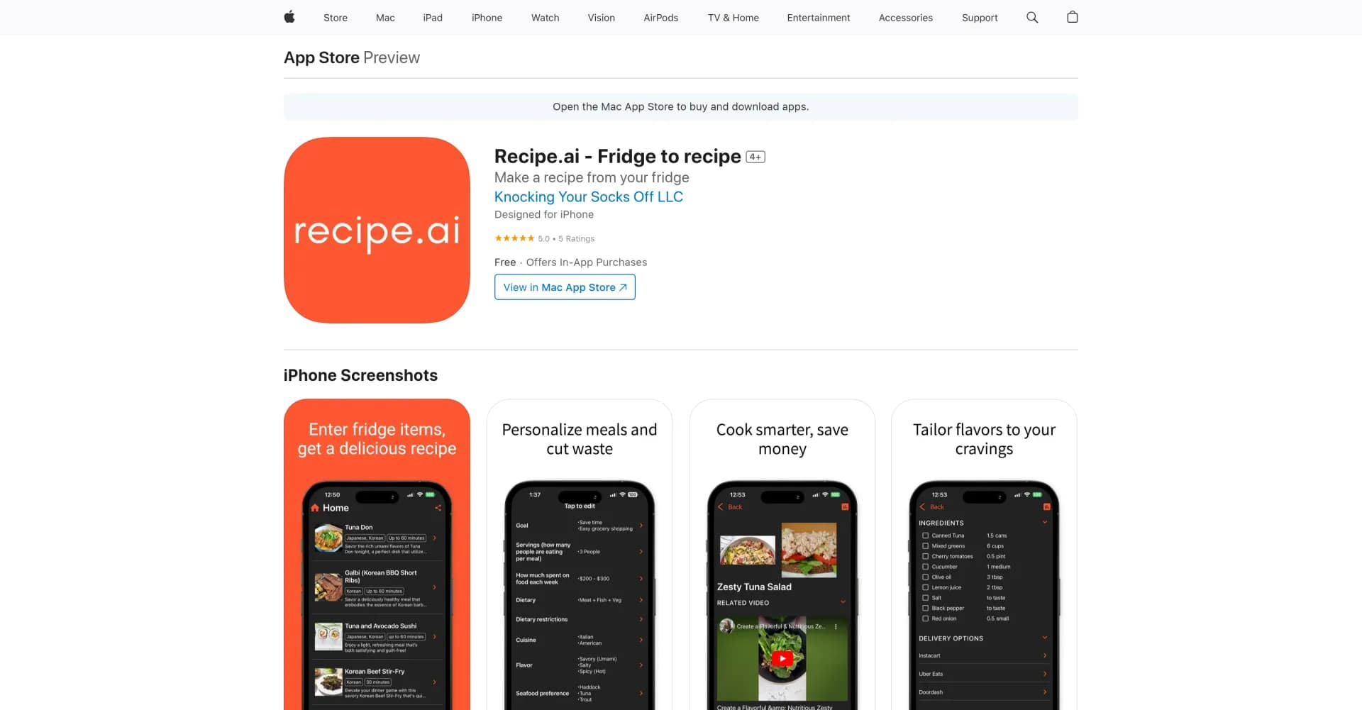 Recipe.ai homepage screenshot — Transform fridge ingredients into personalized recipes.