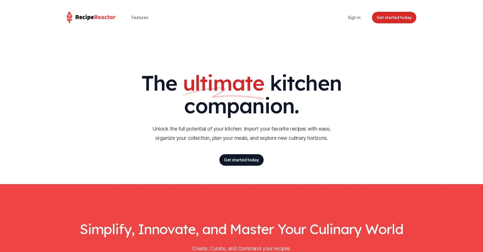 Recipe reactor homepage screenshot — Unlock your kitchen's full potential with AI-powered recipes