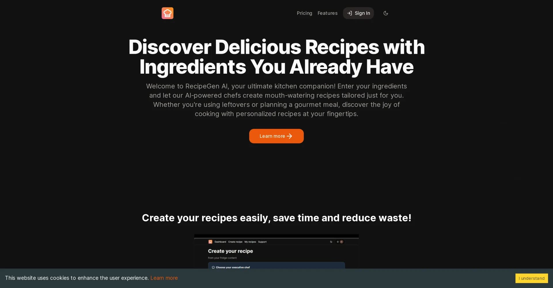 RecipeGen AI homepage screenshot — Transform your fridge into culinary inspiration.