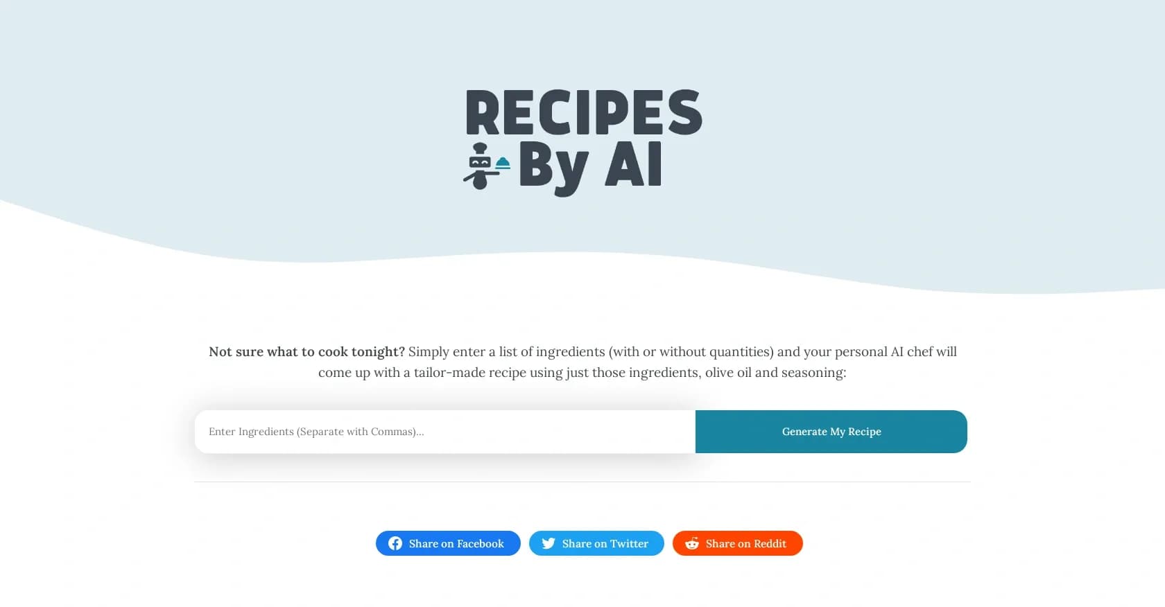 Recipes By AI homepage screenshot — AI chef creates recipes from your ingredients