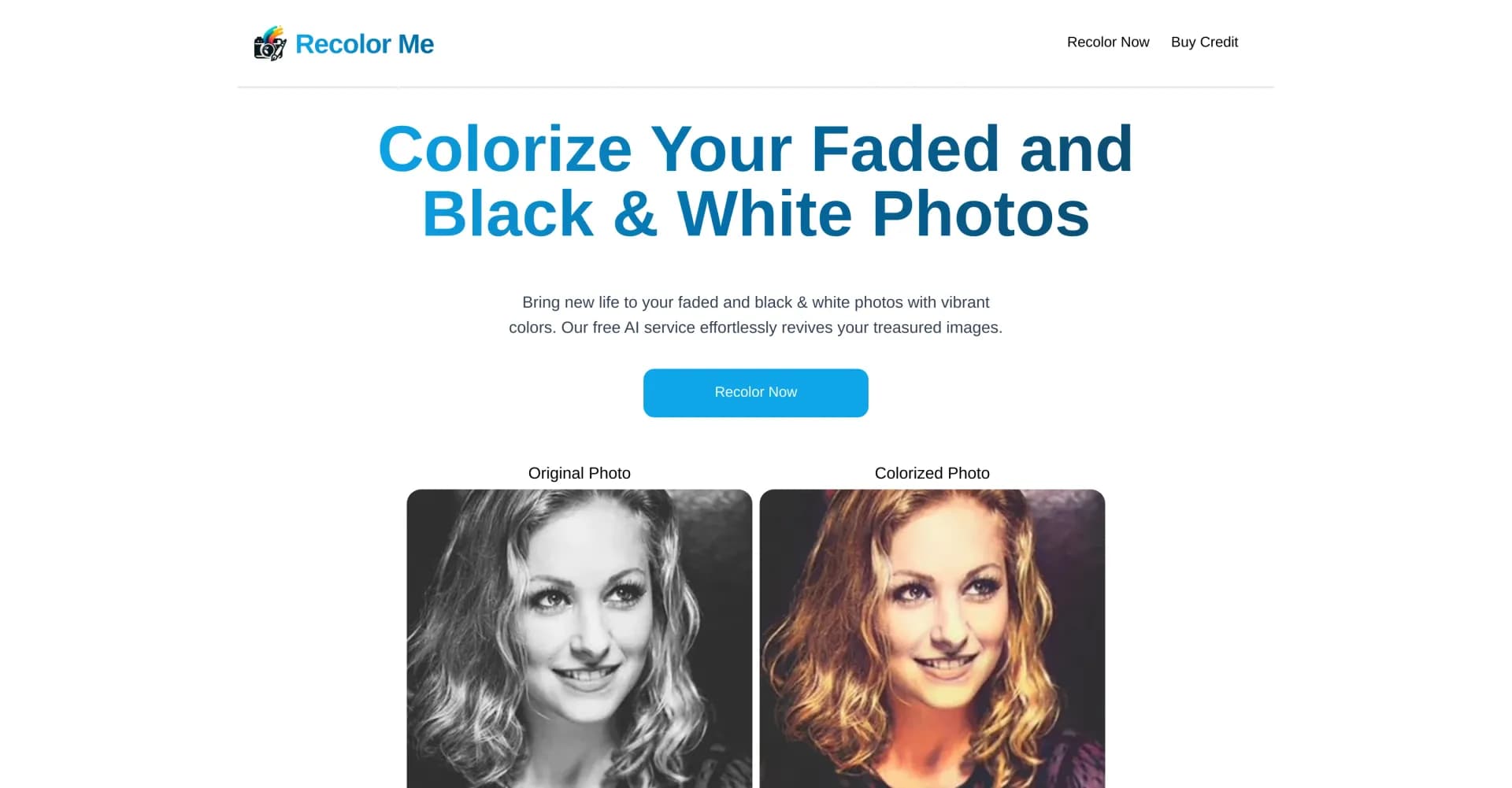 Recolor Me homepage screenshot — AI colorizes faded and B&W photos effortlessly.