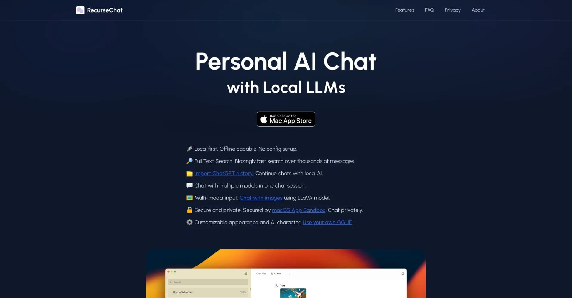 RecurseChat homepage screenshot — Chat privately with AI on your Mac, no setup required.