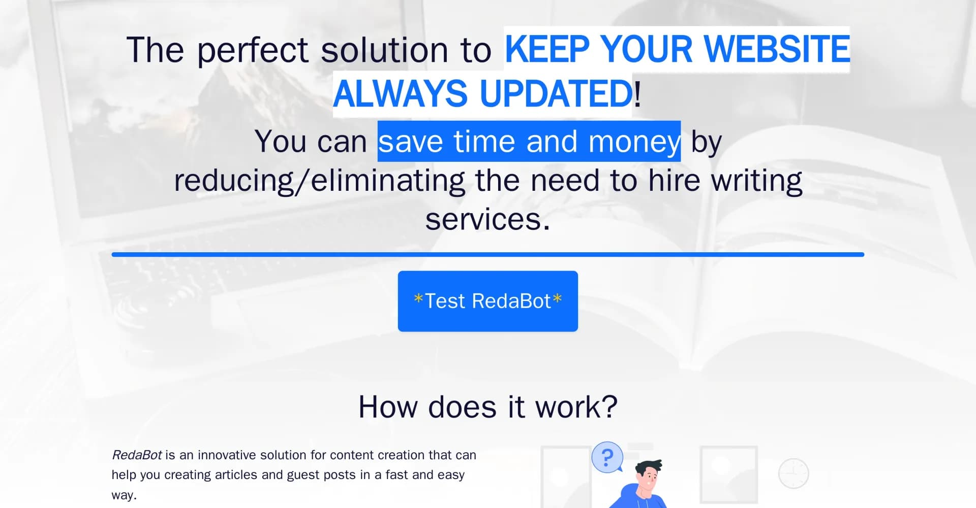RedaBot homepage screenshot — Create website content quickly and easily with AI.