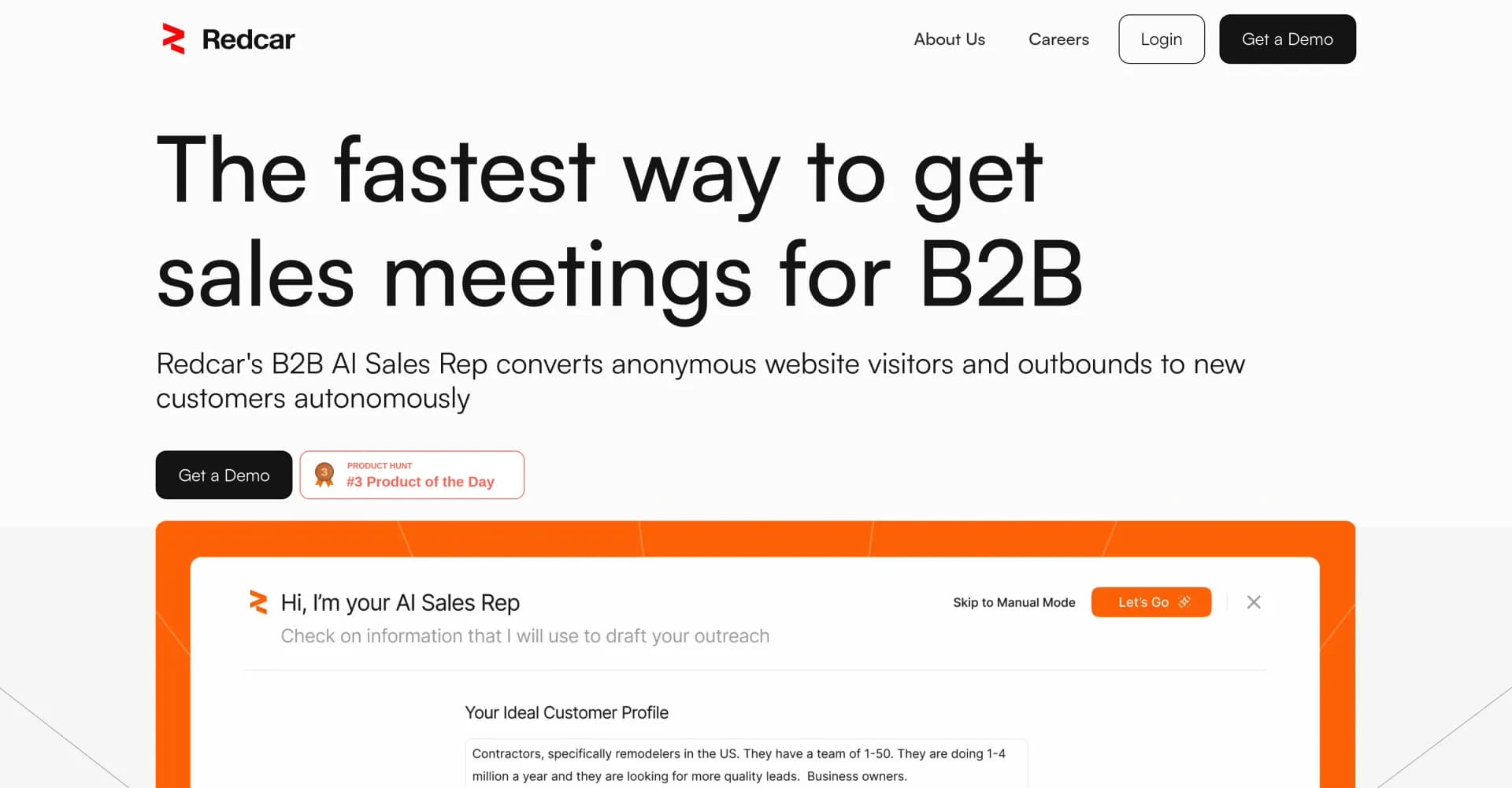 Redcar homepage screenshot — AI sales reps that convert visitors and find customers.
