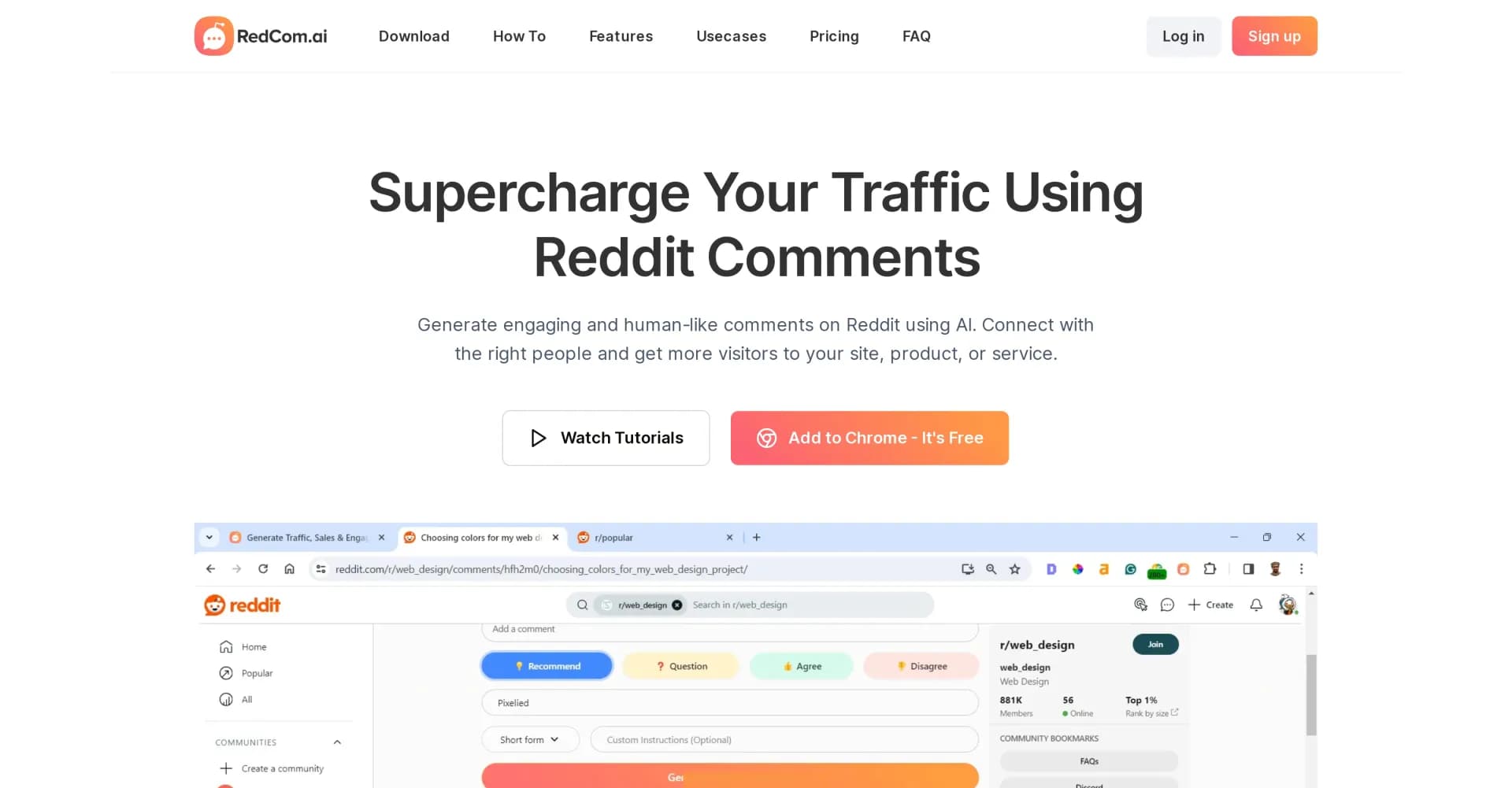 RedCom homepage screenshot — Boost traffic with AI-generated Reddit comments