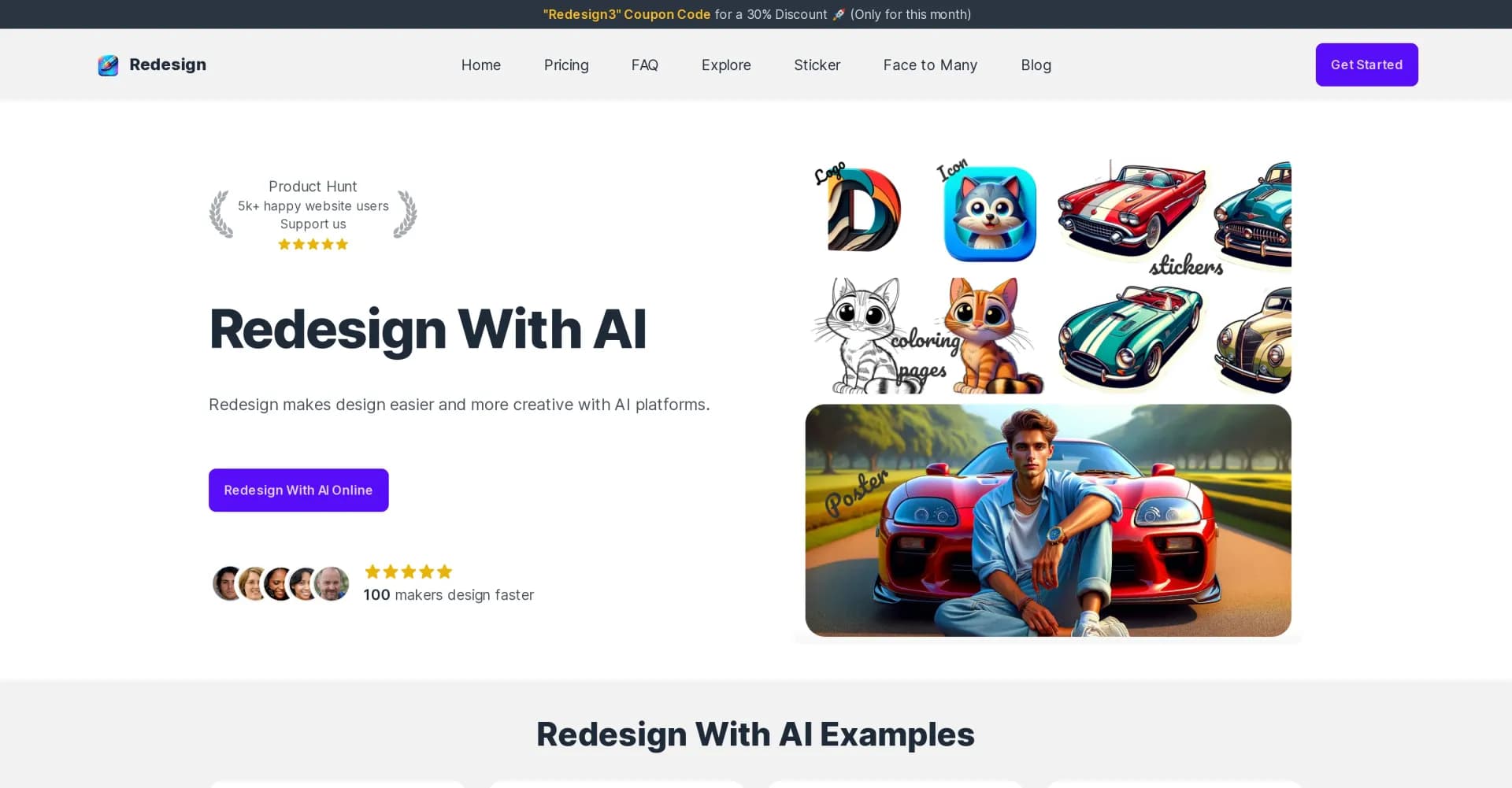 Redesign With AI homepage screenshot — AI-powered design generator for all your creative needs.