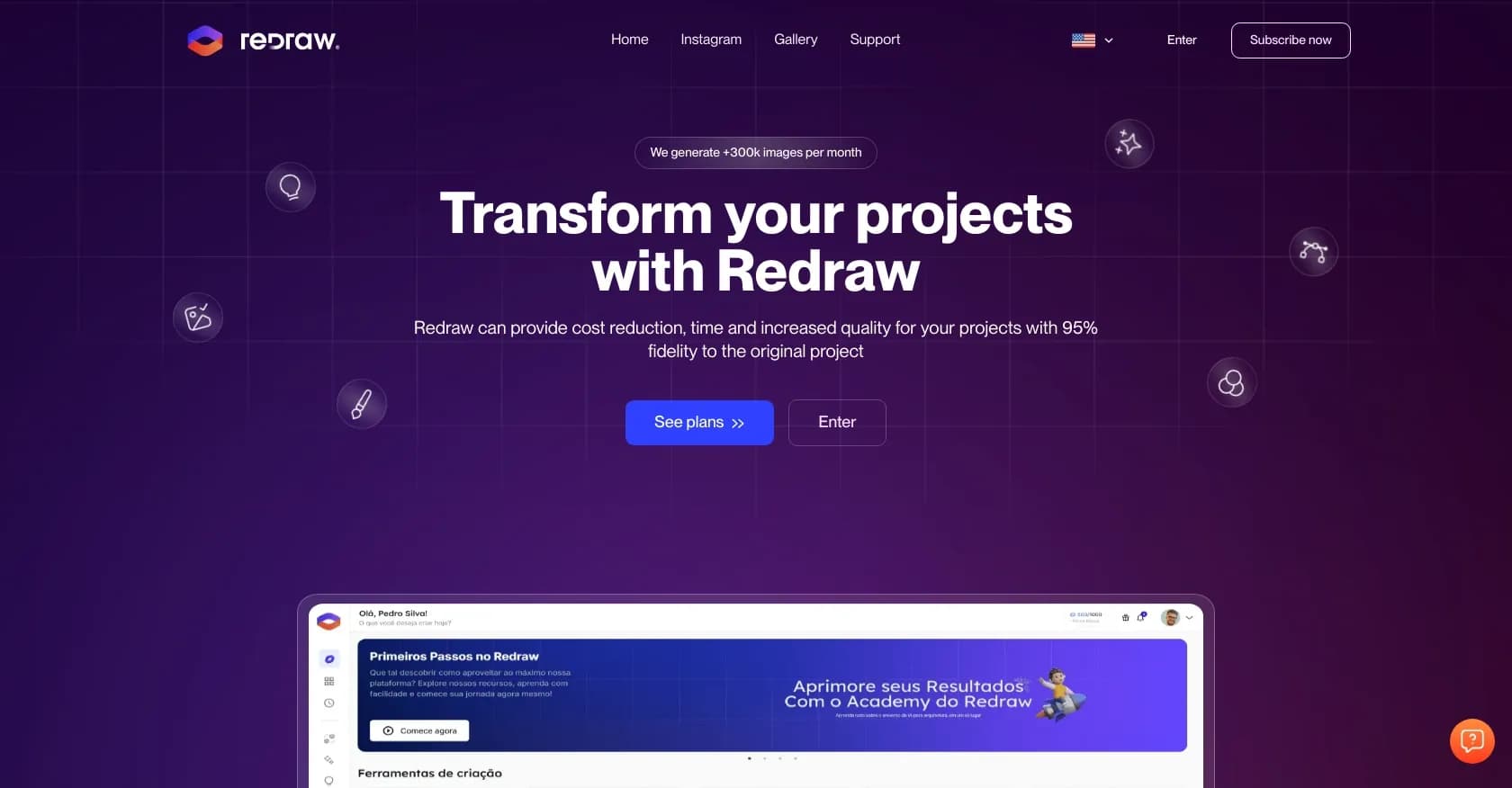 Redraw homepage screenshot — Transform projects with AI-powered renders in seconds.