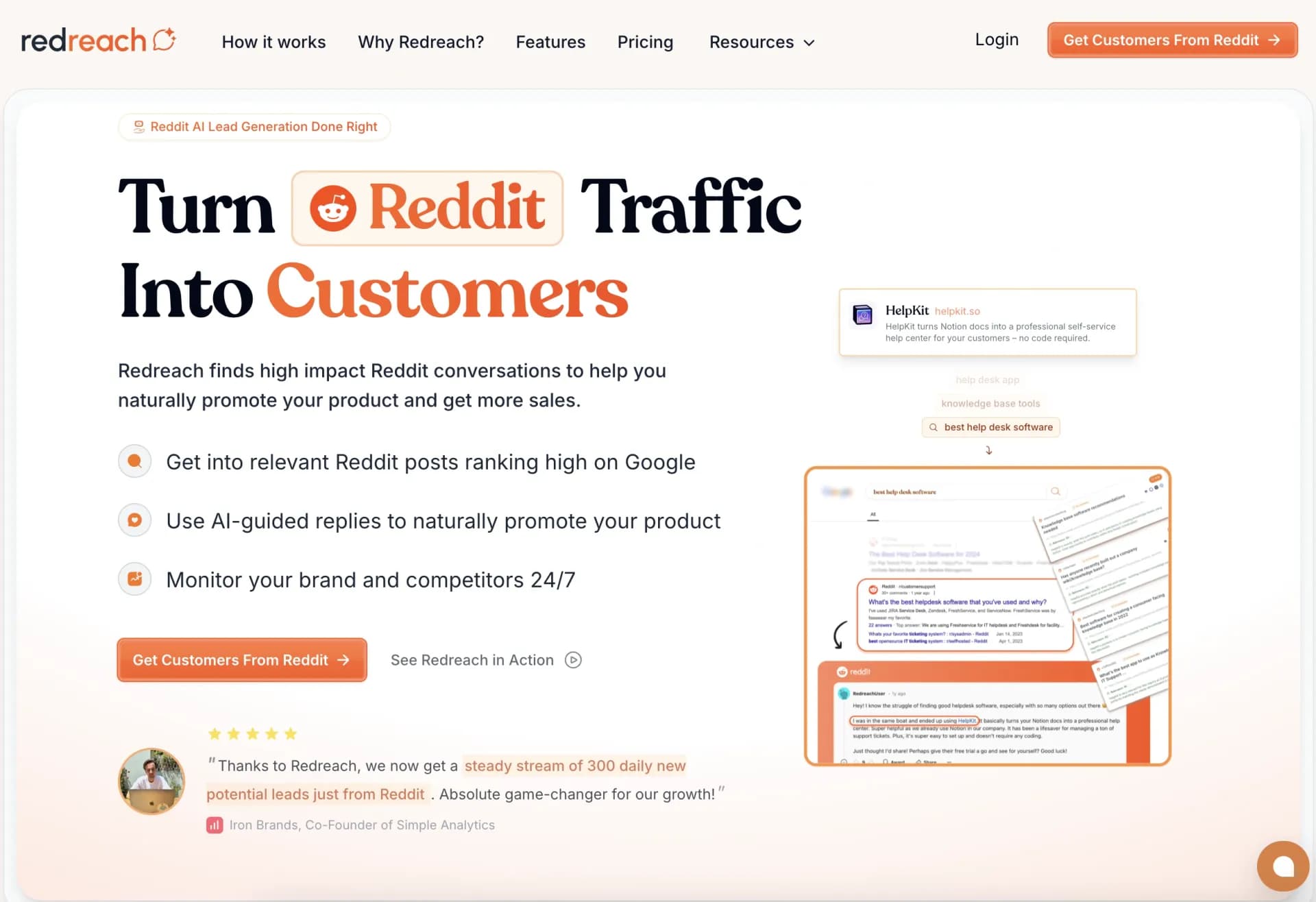 Redreach homepage screenshot — Turn Reddit traffic into customers with AI-powered lead gene