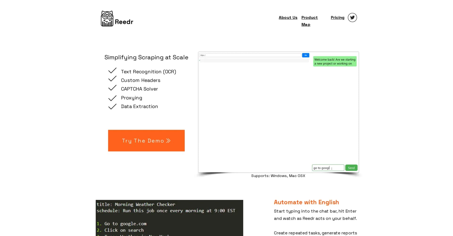 Reedr homepage screenshot — AI-powered browser automation for enterprise tasks.