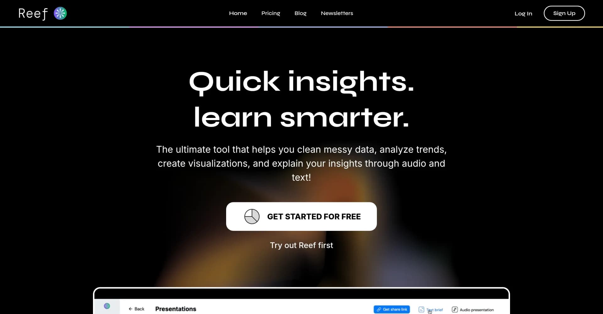 Reef homepage screenshot — Transform messy data into clear insights with AI-powered ana