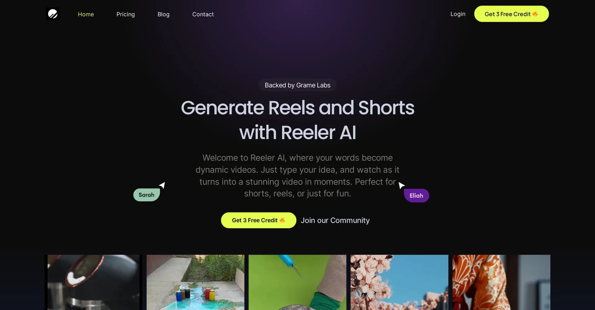 Reeler AI homepage screenshot — Generate videos with simple text prompts