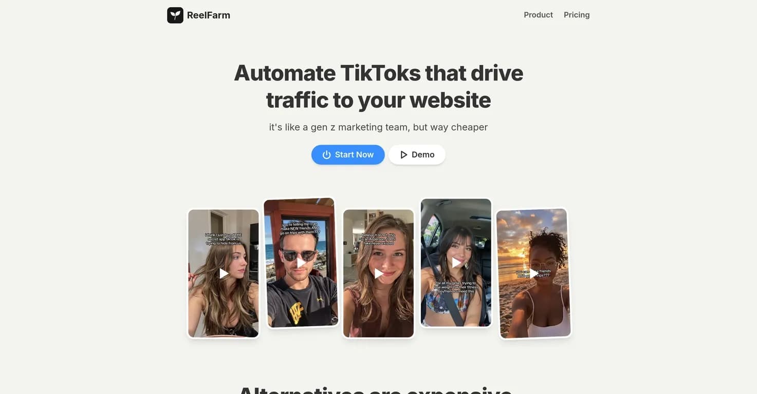 ReelFarm homepage screenshot — Automate TikToks that drive traffic to your website