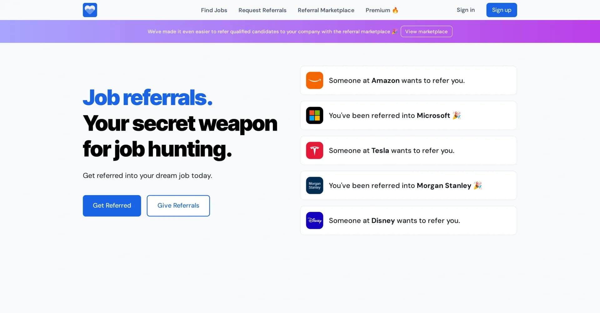 ReferMe homepage screenshot — Get referred to your dream job within hours.
