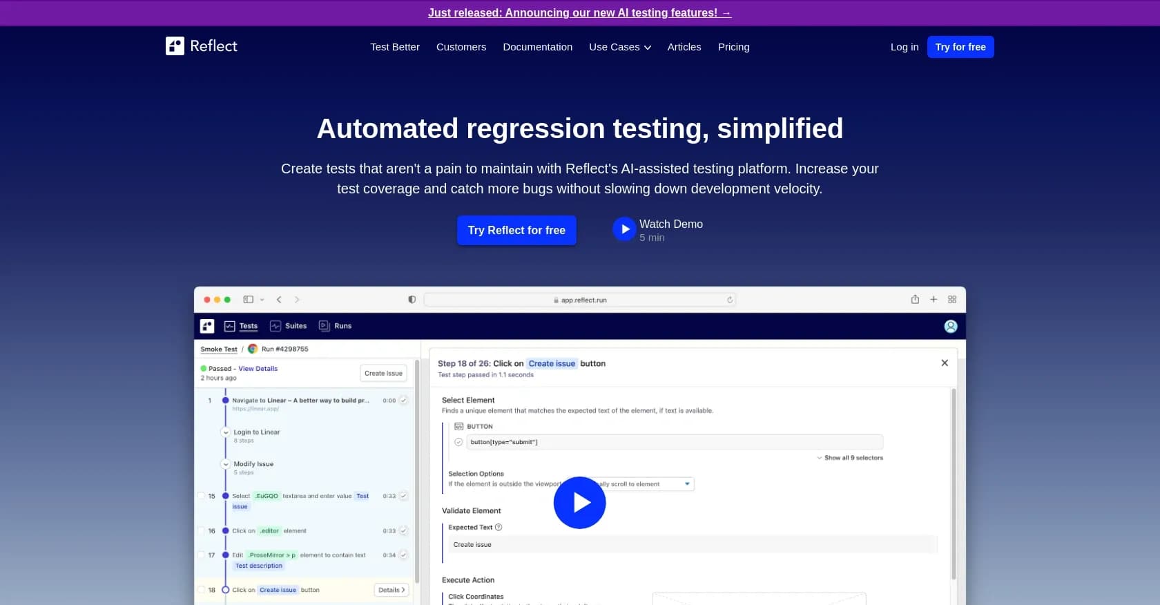 Reflect.run homepage screenshot — Automate web testing with ease.