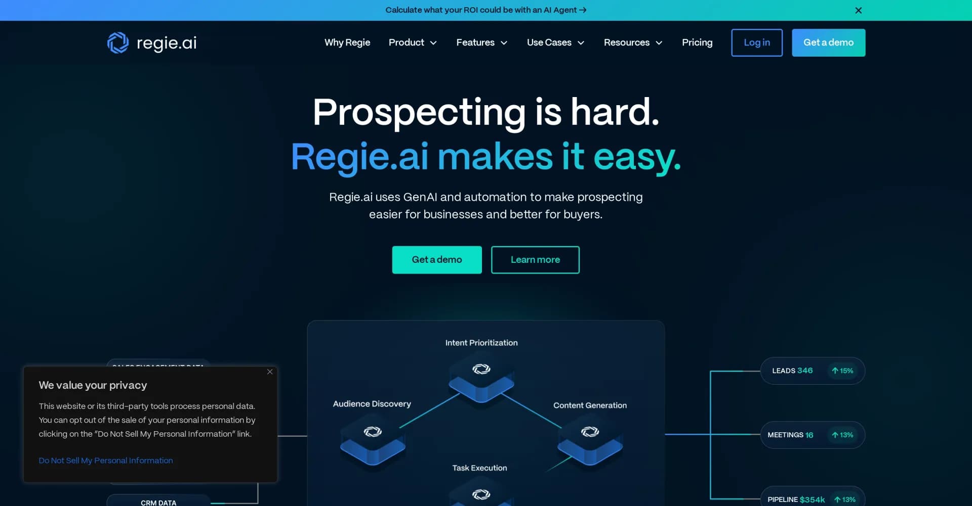Regie homepage screenshot — AI-powered sales prospecting made easy