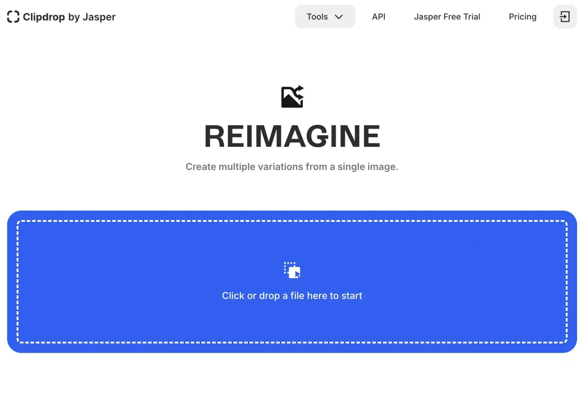 Reimagine homepage screenshot — Create multiple image variations instantly.