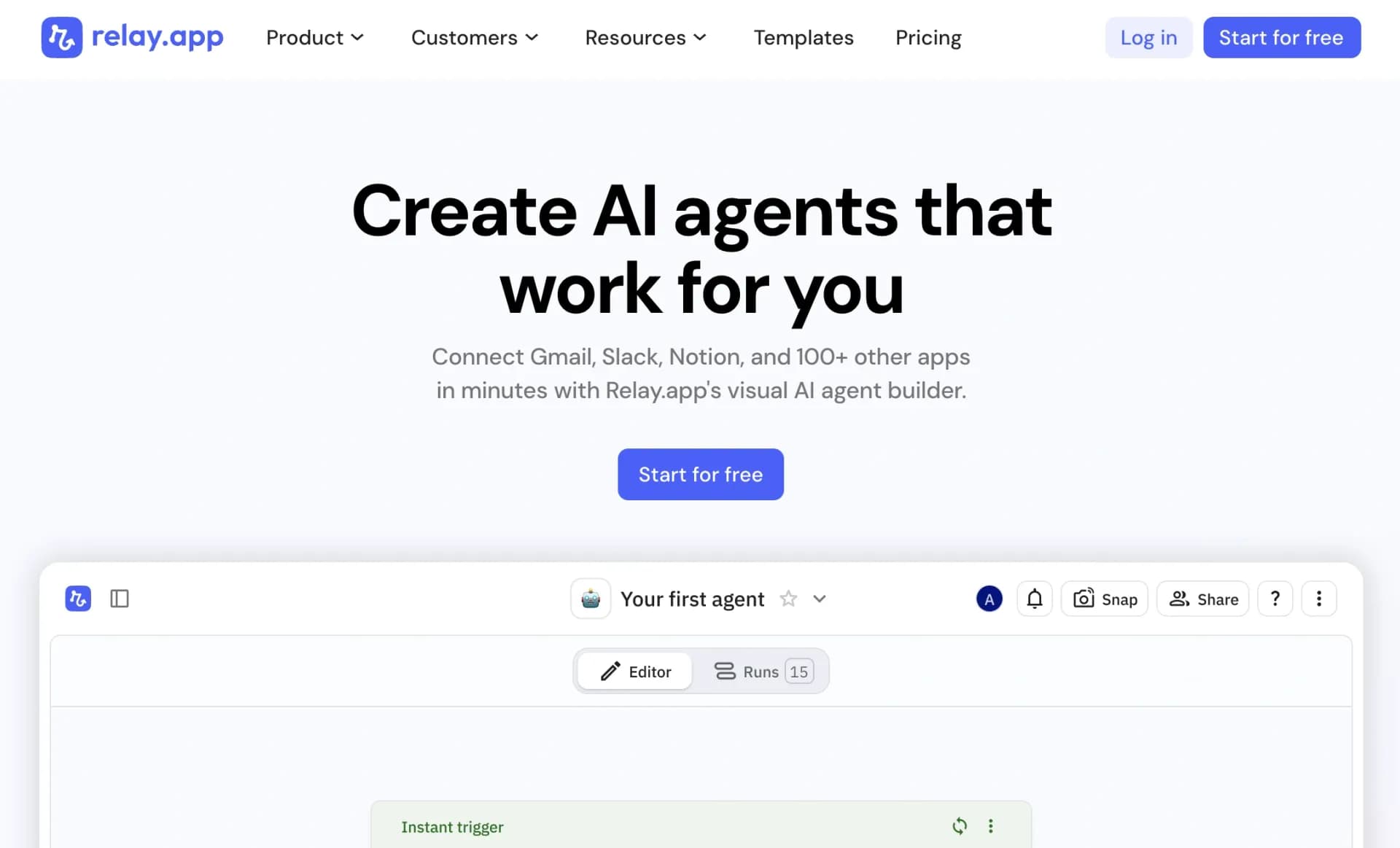Relay.appv4.4 homepage screenshot — Create AI Agents that work for you